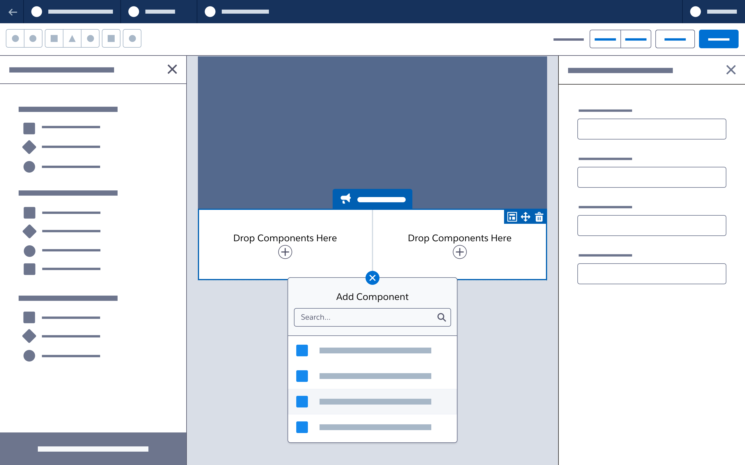 A wireframe showing  click to create being used to add a component below an existing row