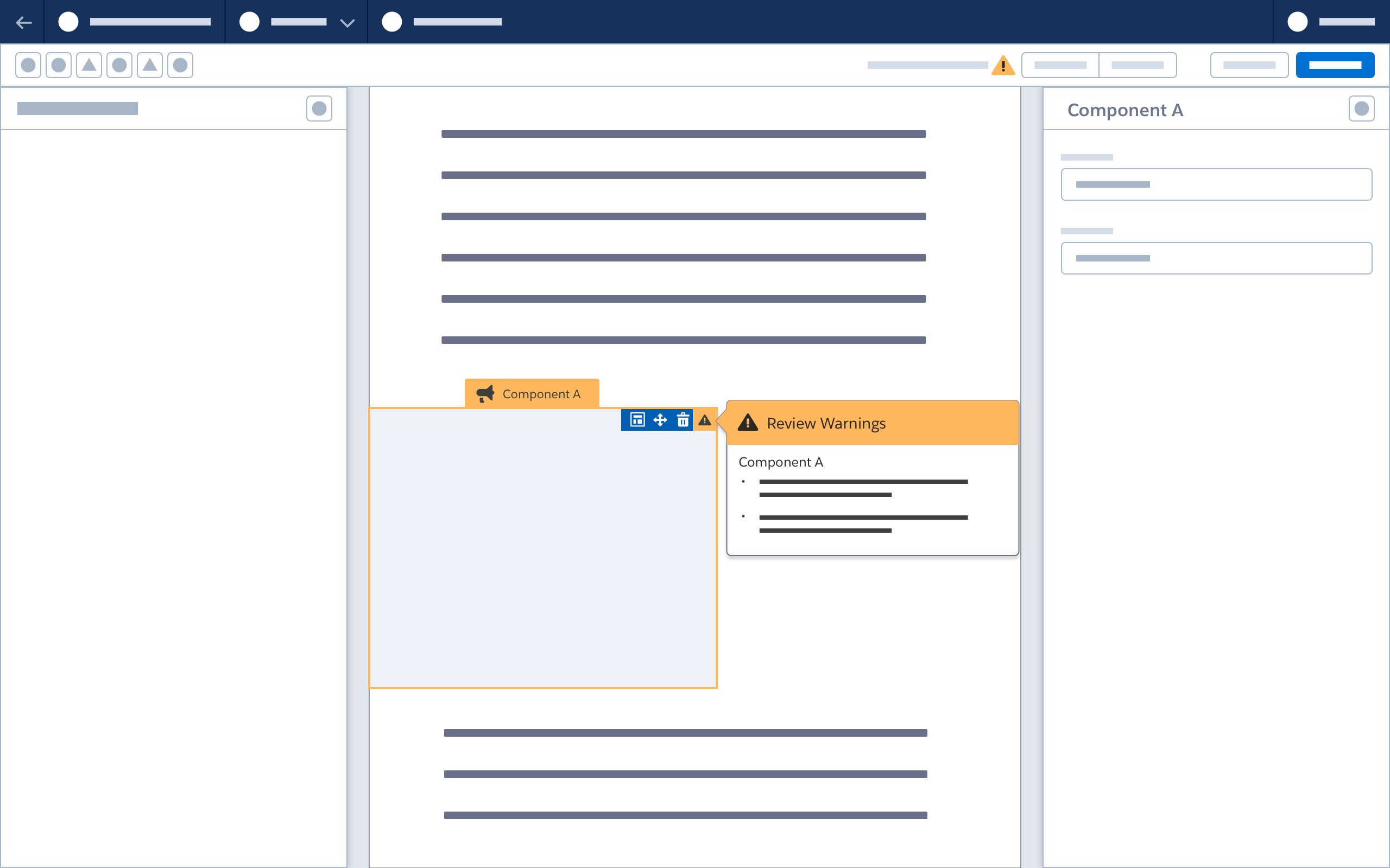 Wireframe showing the hover state of hovering over a warning icon on an invalid component. 