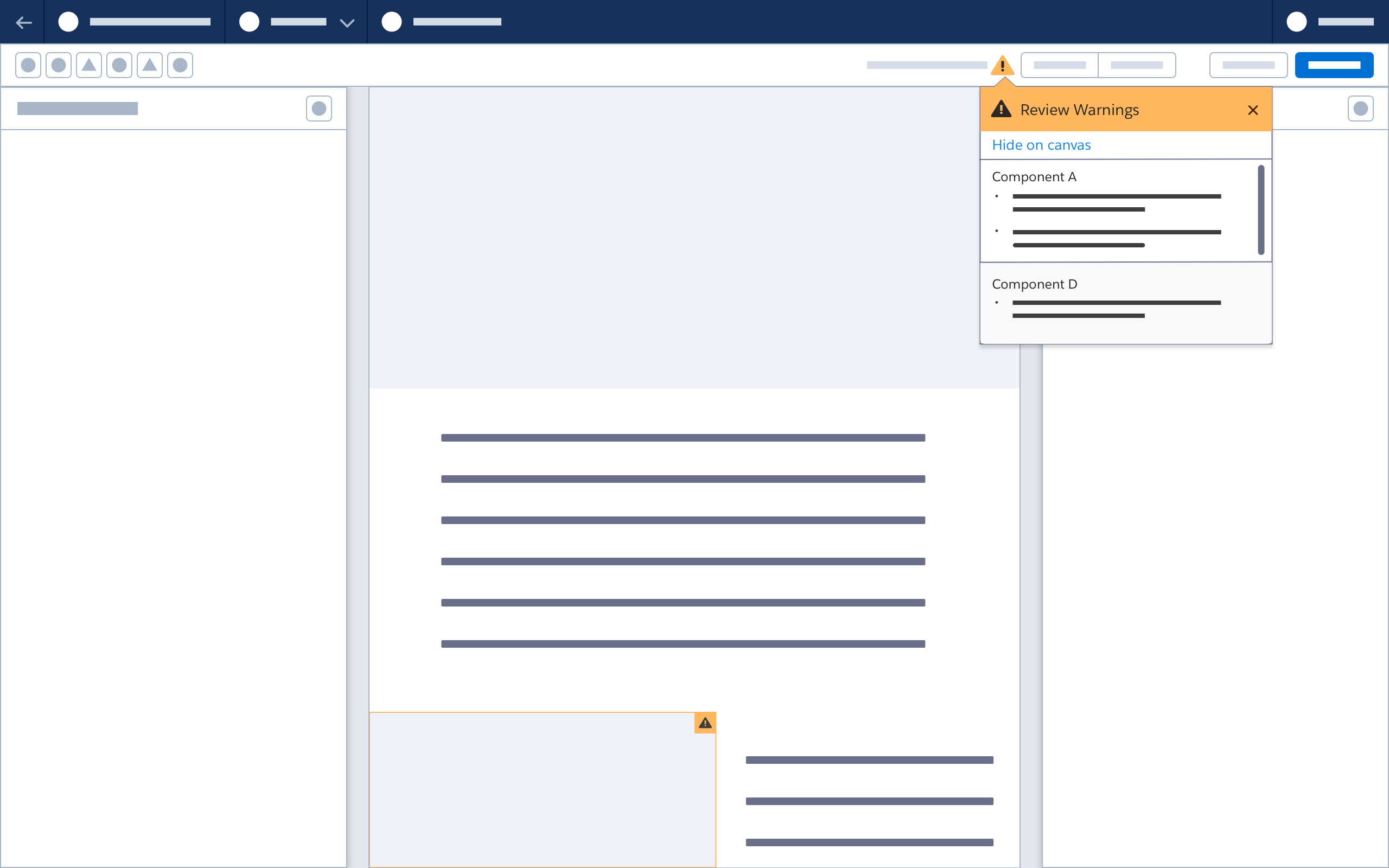 A wireframe showing a component highlighted after clicking an item in the warning popover. 