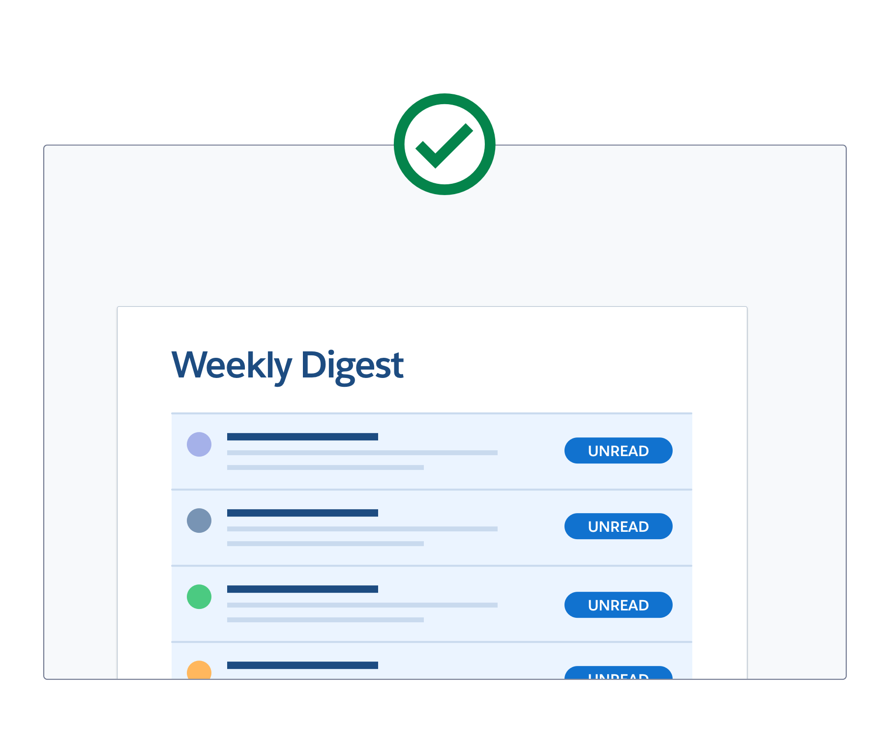 A wireframe showing a correct example of unread non-urgent notifications being e-mailed as a weekly digest.