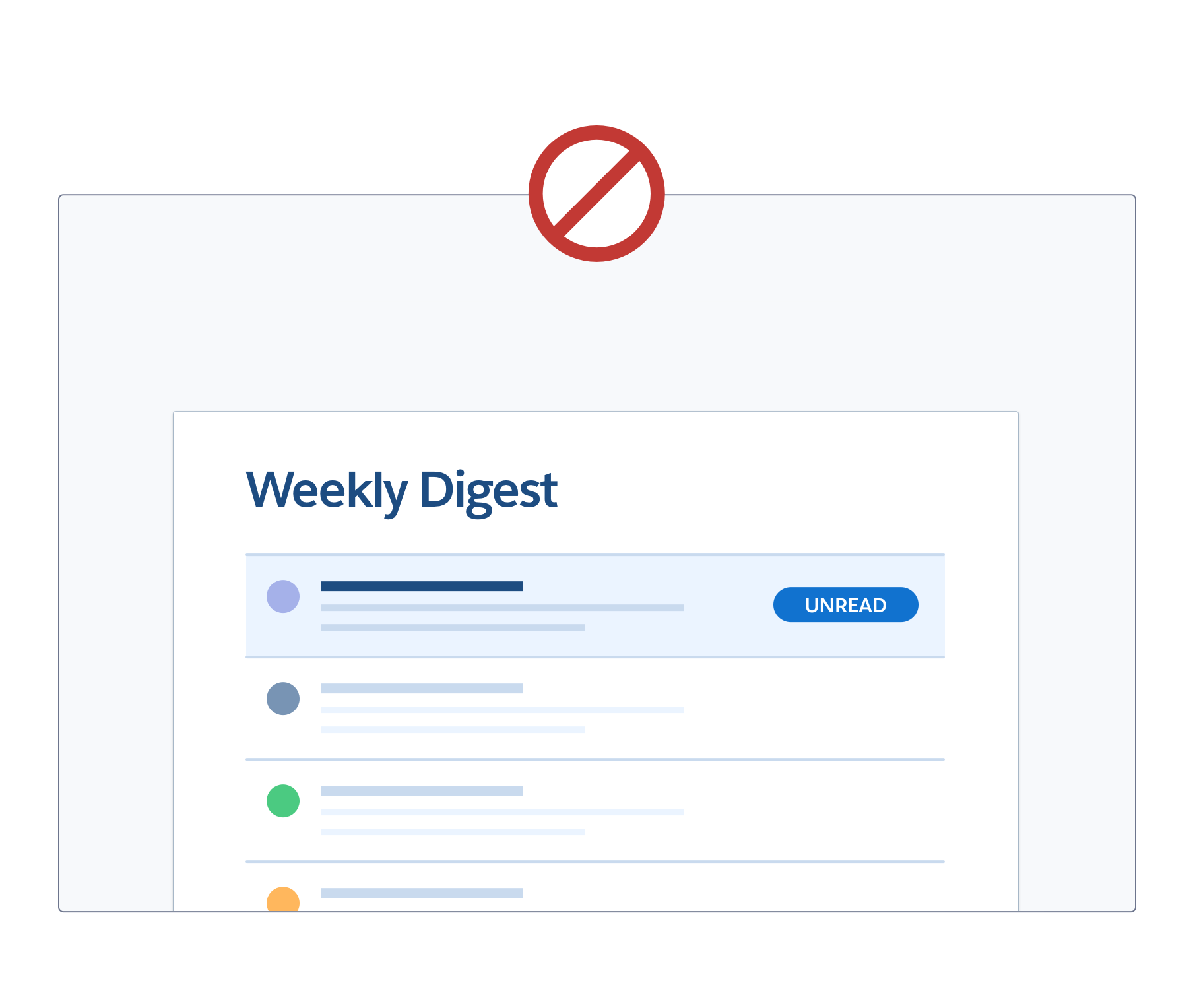 A wireframe showing an incorrect example of a weekly e-mail digest containing already read notifications.