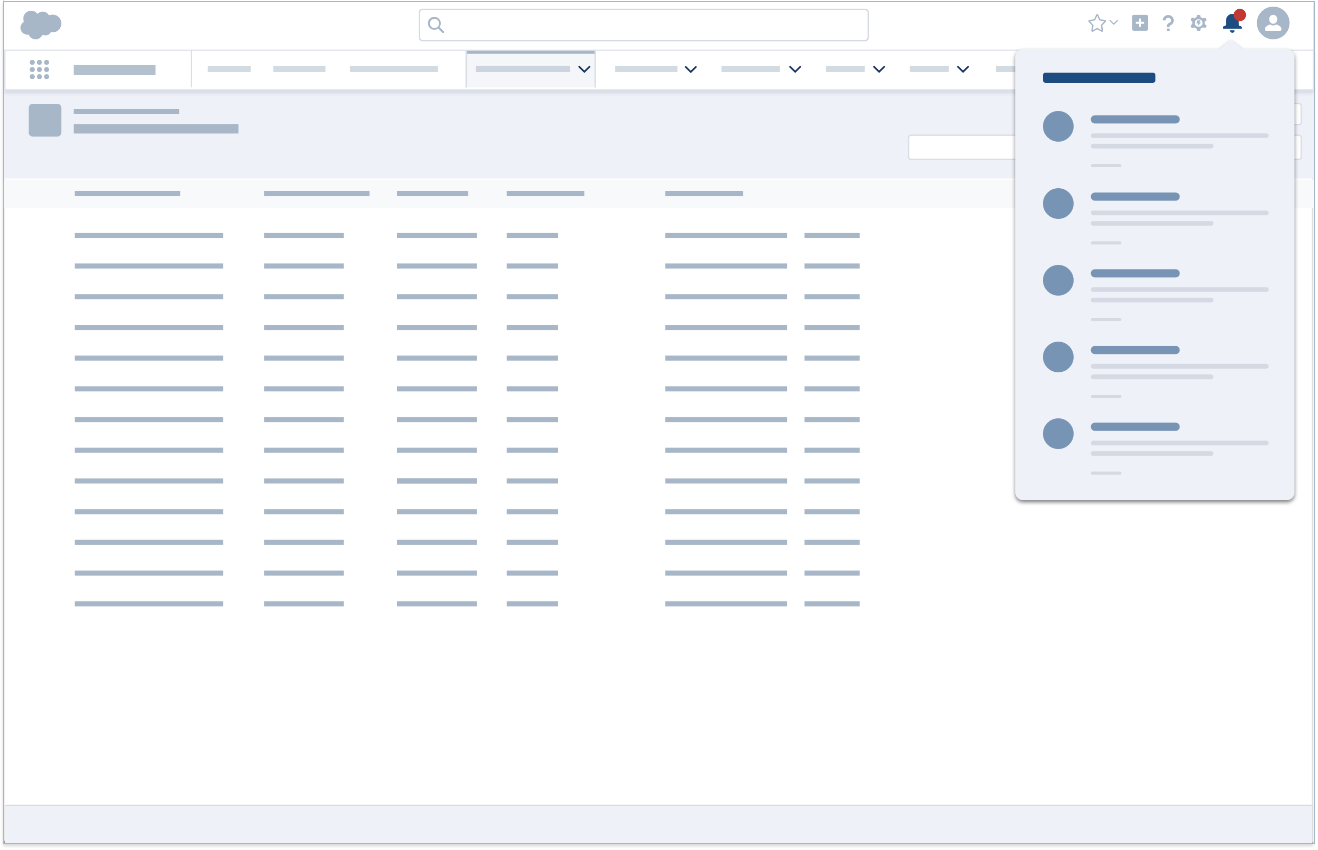 A wireframe showing an example of a notification, an opened notification tray.