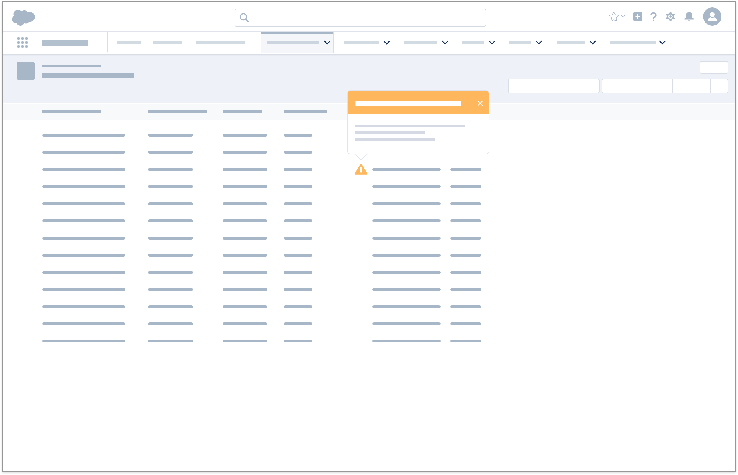 A wireframe showing an example of warning popover next to an item in a list.